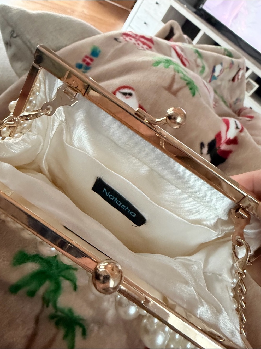 Natasha Couture Faux Pearl-Embellished Cream Evening Purse with Gold Chain - Picture 2 of 10